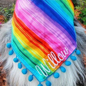 Rainbow Pride LGBTQIA+ Dog Bandana, Tie & Snap Style, Personalized, Embroidery, Reversible, Available Matching Bow, Pompom Trim