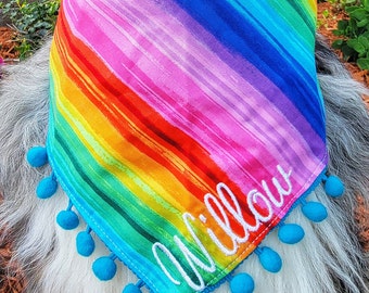 Rainbow Pride LGBTQIA+ Dog Bandana, Tie & Snap Style, Personalized, Embroidery, Reversible, Available Matching Bow, Pompom Trim