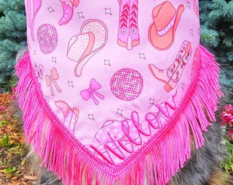 Disco Cowgirl Western Fringe Dog Bandana, Tie & Snap Style, Personalized Embroidery, Reversible, Available Matching Bow and Pink Fringe Trim