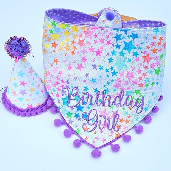 Dog Birthday Bandana, Tie & Snap Style Embroidered "Birthday Girl" Or "Birthday Boy" On Rainbow Glitter Stars, 4" Tall Party Hat(SEPARATE)