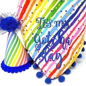 Dog Tie & Snap Style Snap Gotcha Day Bandana, Embroidered &quot;It&#39;s My Gotcha Day&quot; on Rainbow Confetti Stripes W/ Available Party Hat
