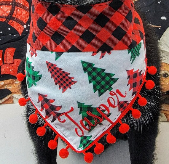 Christmas Dog Bandana | Dog Christmas Scarf, Tie & Snap Style, Personalized, Reversible, Buffalo Plaid Xmas Tree, Available Bow, Pompom Trim