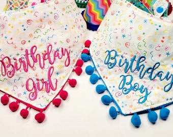 Birthday Dog Bandana, Tie & Snap Style, Rainbow Confetti, Embroidered "Birthday Girl" or "Birthday Boy," Available Party Hat and Pompom Trim