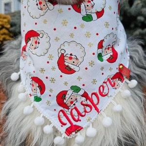 Happy Winking Santa, Red Flocked Christmas Tree Dog Bandana, Tie & Snap Style, Personalized, Reversible, Available Bow, Pompom Trim