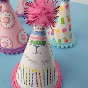 Dog Birthday Party Hat | Birthday Party Hat For Dogs, 4&quot; Tall With Mini Pompom Trim and Metallic Pompom On Top