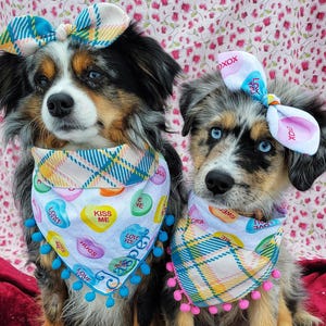 Conversation Hearts Dog Valentine Bandana, Plaid, Tie & Snap Foldover Style, Personalized Embroidery, Reversible, Available Bow, Pompom Trim