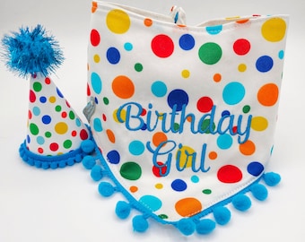 Dog Birthday Bandana, Primary Polka Dots, Tie & Snap Style Embroidered "Birthday Girl" Or "Birthday Boy"  Available Party Hat(SEPARATE)