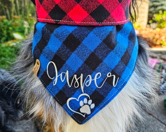 Buffalo Plaid Flanell Hundehalstuch, Krawatte & Snap Foldover Stil, personalisierbar, reversibel, erhältlich passender Bogen