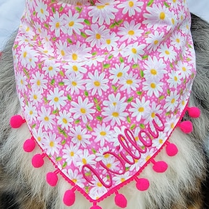 Daisies On Pink Floral Dog Bandana, Tie & Snap Style, Personalized Embroidery, Reversible, Available Matching Bow, Pompom Trim