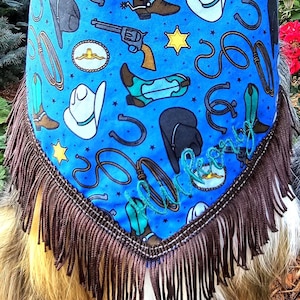 Cowboy Western Fringe Dog Bandana, Tie & Snap Style, Personalized Embroidery, Reversible, Available Matching Bow and Pink Fringe Trim