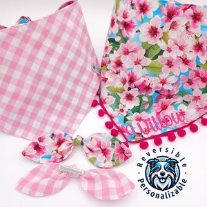 Dog Spring Summer Floral Bandana, Cherry Blossom, Gingham Tie & Snap Style, Personalized Embroidery, Reversible, Available Bow, Pompom Trim