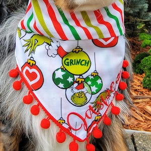 Grinch Dog Bandana | Dog Christmas Bandana, Tie & Snap Style, Personalized, Reversible, Available Bow and Pompom Trim