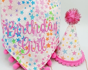 Dog Birthday Bandana, Tie & Snap Style Embroidered "Birthday Girl" Or "Birthday Boy" On Rainbow Glitter Stars,  4" Tall Party Hat(SEPARATE)