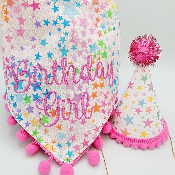 Dog Birthday Bandana, Tie & Snap Style Embroidered "Birthday Girl" Or "Birthday Boy" On Rainbow Glitter Stars,  4" Tall Party Hat(SEPARATE)