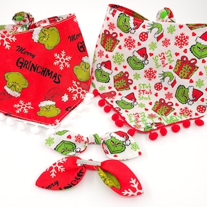 Grinch Dog Bandana | Dog Christmas Bandana, Tie & Snap Style, Personalized, Reversible, Available Bow and Pompom Trim