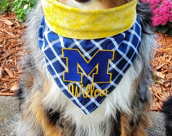 May include: A blue and white plaid dog bandana with a yellow trim. The bandana has a blue "M" embroidered on it and the name "Willow" embroidered below the letter.