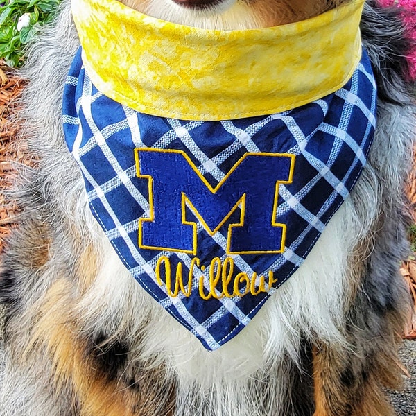 Block Style Embroidered Navy Blue and Gold "M" Michigan Wolverine Dog Bandana Personalized, Tie & Snap Style,  Game Day Neckerchief, Go Blue