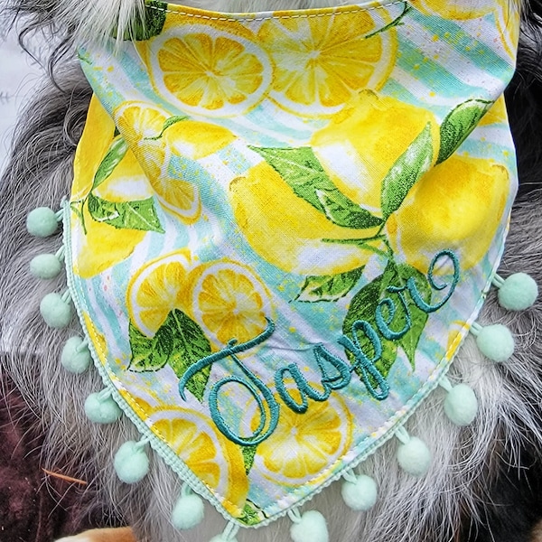 Dog Lemon Bandana, Summer Fruit Scarf, Tie & Snap Style, Personalized Embroidery, Reversible, Available Matching Bow and Pompom Trim