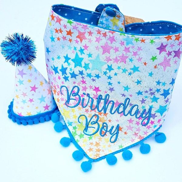 Dog Birthday Bandana, Tie & Snap Style Embroidered "Birthday Girl" Or "Birthday Boy" On Rainbow Glitter Stars,  4" Tall Party Hat(SEPARATE)