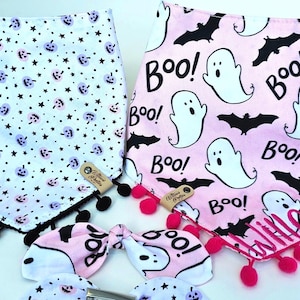 Boo! Pink Ghost, Bats, Pumpkins Halloween Dog Bandana , Tie & Snap Style, Personalized, Reversible, Available Bow, Pompom Trim