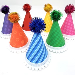 Dog Birthday Party Hat | Birthday Party Hat For Dogs, 4" Tall With Mini Pompom Trim and Metallic Pompom On Top