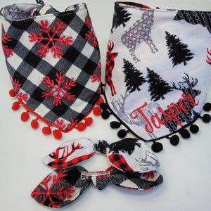 Buffalo Plaid Snowflake Dog Bandana | Winter Dog Bandana, Tie & Snap Style, Personalized, Reversible, Available Bow, Pompom Trim