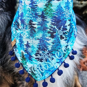 Blue Winter Tree Snowflake Scene, Glitter Snowflake Dog Bandana, Tie & Snap Style, Personalized, Reversible,  Available Bow, Pompom Trim