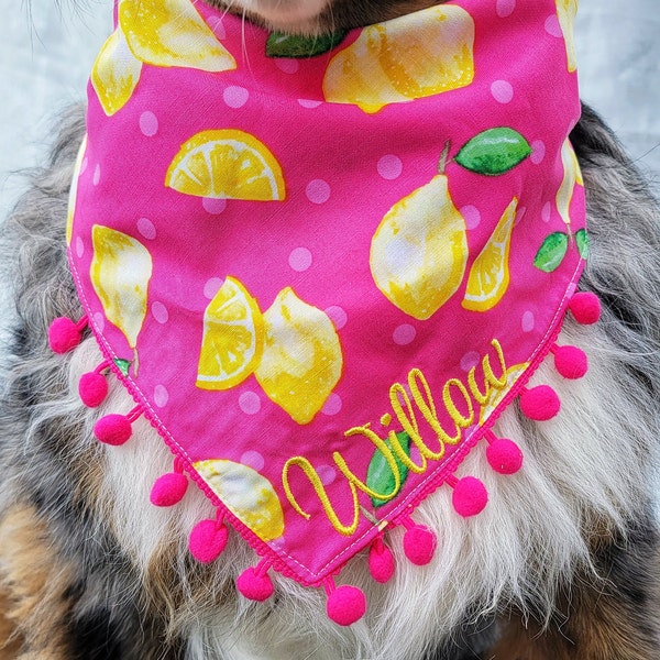 Dog Lemons On Pink Bandana, Tie & Snap Style, Personalized Embroidery, Reversible, Available Matching Bow and Pompom Trim