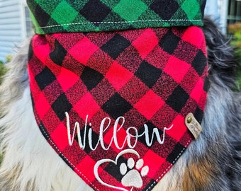 Buffalo Plaid Flanell Hundehalstuch, Krawatte & Snap Foldover Stil, personalisierbar, reversibel, erhältlich passender Bogen