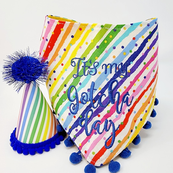 Dog Rainbow Confetti Gotcha Day Bandana, Tie & Snap Style Embroidered "It's My Gotcha Day, "  Available Party Hat(SEPARATE)