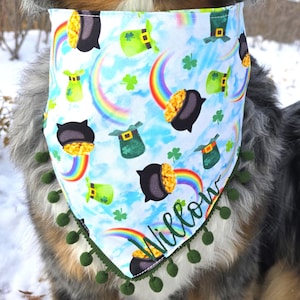 St. Patrick's Day Rainbow Pot of Gold Dog Bandana, Tie & Snap Style, Personalized, Reversible, Available Matching Bow and  Pompom Trim