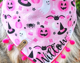 Hot Pink Ghosts, Buffalo Check Halloween Dog Bandana , Tie & Snap Style, Personalized, Reversible, Available Bow, Pompom Trim