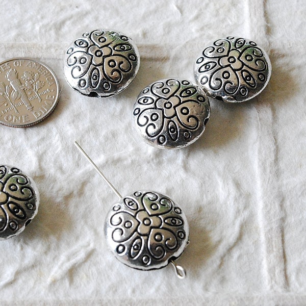 5 -  Round 18mm Pewter Bead Scroll Heart Motif Hollow Large Hole