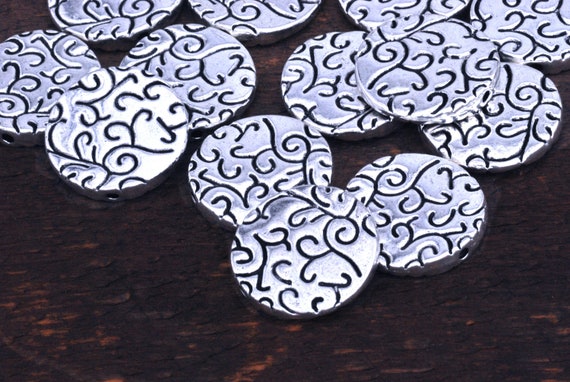 Coin Style Patterned Antique Pewter Bead • 19mm • Pack of 10 • Choose Quantity