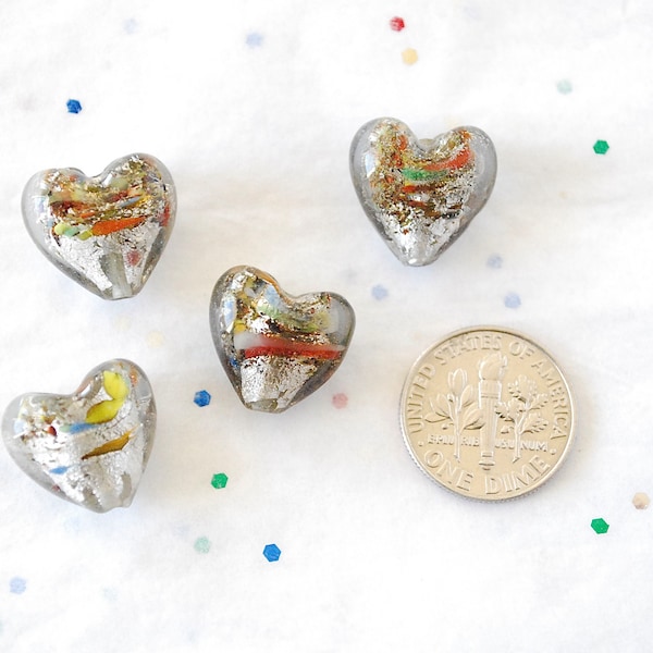 4 - Multi Color Silver Foil Puffy Heart Beads 14x15mm