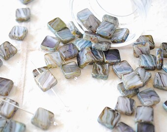 25 - Square Czech Glass Beads • 10mm • Purple w/White and Crystal Streaks • Sold Loose.