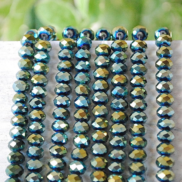 Fabulous 8mm Facetted Glass Rondelle Deep Blue Green Gold Bronze Flash Strand of 45+ for 3.00