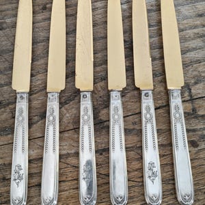 Set of 6 puiforcat dessert knives, vermeil blade and silver-filled Empire style handle with swan decoration