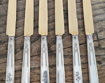 Set of 6 puiforcat dessert knives, vermeil blade and silver-filled Empire style handle with swan decoration