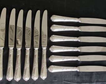 12 silver metal table knives goldsmith Ercuis model du Barry centaur hallmark vintage French silver-plated dinner knives