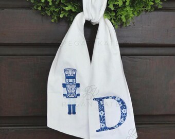 Embroidered Nutcracker Christmas Door Wreath Sash: Monogrammed Holiday Decor Chinoiserie Christmas Decor, Blue and White Christmas