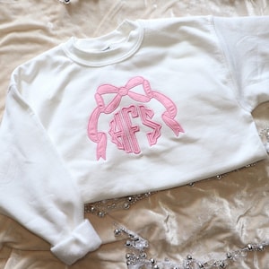 Girls Pink Bow Monogram Sweatshirt: Embroidered Applique