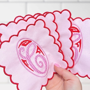 Valentines Gift, Pink Scallop Personalized Cocktail Napkin, Pink cocktail napkin Girly Decor, barcart napkins, Gift for her, Engagement gift