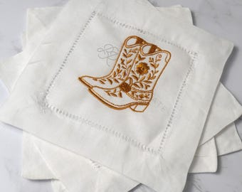 Embroidered Cowboy Boot Linen Cocktail Napkins: Monogrammed Bar Cart Coasters