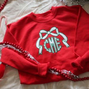 Girls Christmas Sweatshirt: Applique Bow Monogram, Embroidered