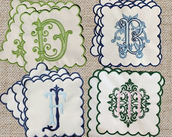 Scallop Embroidered Cocktail Napkin: Personalized Monogram Cotton Coaster