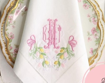 Embroidered Linen Dinner Napkin: Custom Monogram, Spring Table Decor