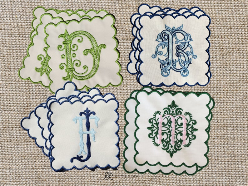 Scallop Embroidered Cocktail Napkin, Monogrammed cocktail napkin, Grand Millennial Decor, bar cart napkins, Gift for her, Engagement gift