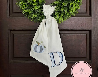 Embroidered Fall Door Wreath Sash: Monogrammed Thanksgiving Pumpkin Decor