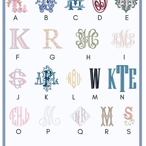 May include: A chart of 20 different monogram designs, each with a letter of the alphabet. The monograms are in various colors and styles, including floral, script, and traditional.
